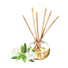 Myrtle liquid in a glass bottle with sticks and a brunch. Freshener. Watercolor hand drawn illustration, isolated on white background