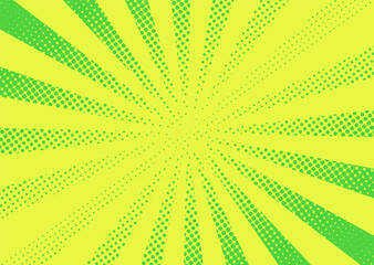 Pop art halftone background. Comic starburst pattern. Cartoon retro sunburst effect. Yellow green banner with dots and rays. Vintage duotone texture. Superhero wow banner. Vector illustration.