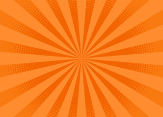Pop art background. Comic pattern with starburst and halftone. Cartoon retro sunburst effect with points. Orange banner. Vintage sunshine texture. Vector illustration. Retro duotone print.
