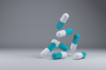 A group of antibiotic pill capsules fallling. Healthcare and medical 3D illustration background.