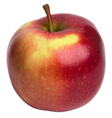 Red apple with yellow spot, live stem and little white dots isolated on white background.
