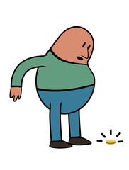 A flat, schematic, cartoon, man has found a coin in the floor. Vector illustration