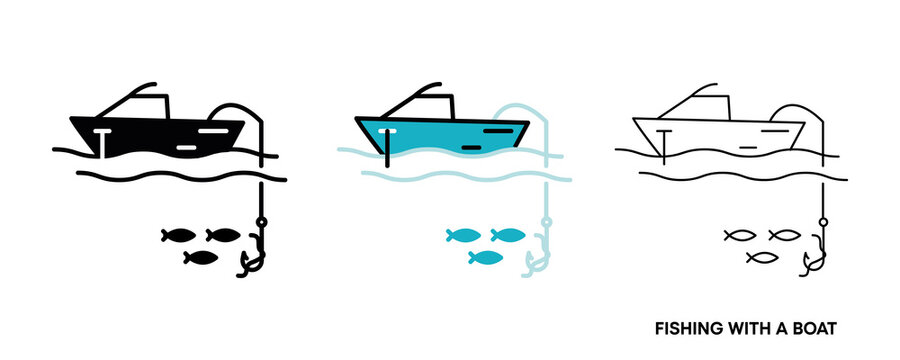 Fishing from the boat icon set. This icon is the icon symbol showing fish caught from the boat. Editable icon set. Fishing club or online web shop creative vector line art.
