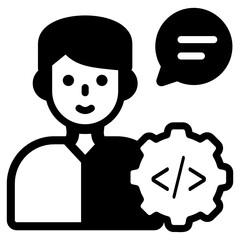 
Developer avatar with coding and message bubble, solid icon

