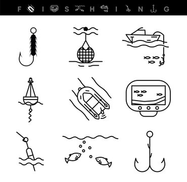 Icon set of fishing apparatus. This icon is a fish finder, needle, buoy, boating and boat fishing icon symbol. Editable icon set. Fishing club or online web shop creative vector line art.