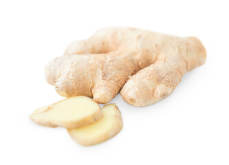 Whole ginger and it's slices in front of it  isolated on white background	
