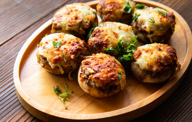 Puff basket with mushrooms in cream sauce and cheese