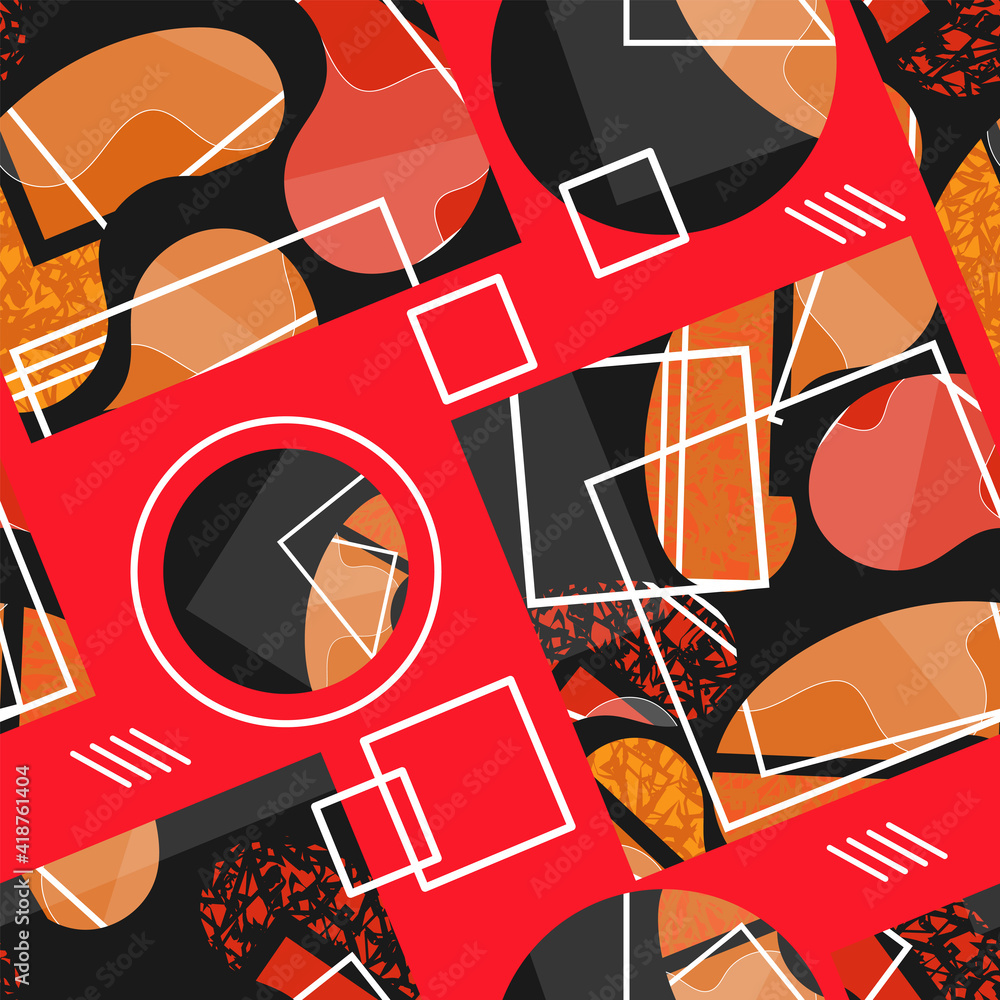Aufkleber seamless pattern with abstract square and round elements randomly arranged on a red background