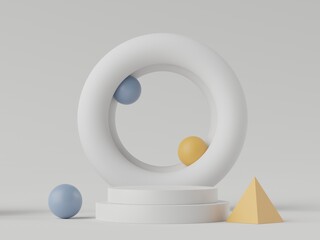 3d rendering of pastel minimal scene of white blank podium with earth tones theme. Muted saturated color. Simple geometric shapes design.