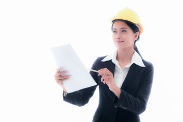 Asian female engineer or worker in a black suit Wearing a yellow safety helmet With Checklist the details In the concept of real estate and engineering on isolated white background, safety concept