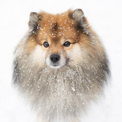 Portrait of a Mittelspitz dog with snow flakes on his face