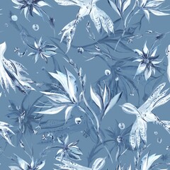 Watercolor hand-painted Fresh Blue Garden Seamless Pattern - 418762283