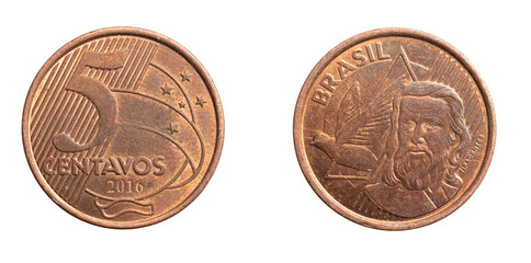 Brazil five centavos coin on white isolated background