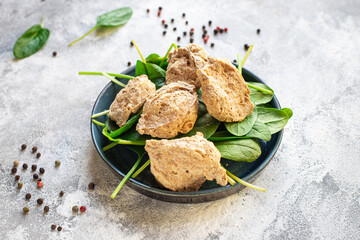 seitan soy meat raw pieces ready to cook snack healthy meal copy space food background rustic image...