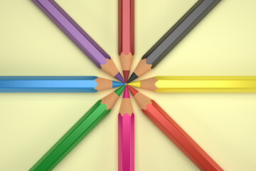 Naklejka premium 3d illustration. Render of a realistic set of colored pencils forming a star. Color pencils on yellow background. With copy space