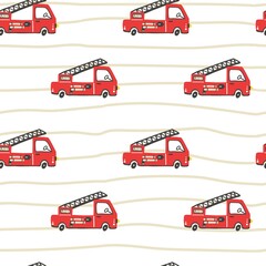 Firefighter seamless pattern. Fire truck with ladder extinguisher and hose. Hand drawn cartoon trendy scandinavian childish doodle cars. Decor textile, wrapping paper wallpaper vector print or fabric