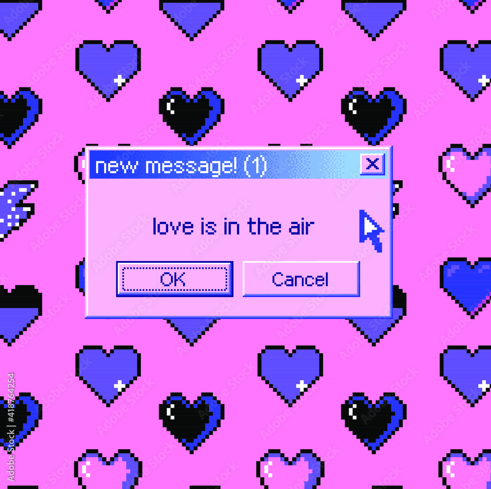 Poster 8-bit art message with pixel hearts. Vaporwave trendy retro user interface like in old operating systems.