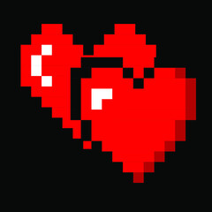 Two hearts in trendy pixel art style. Icons for game or web design.