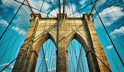 The Brooklyn Bridge, built in 1883, is one of the oldest suspension bridges in the United States. View from the pedestrian walkway straight up towards the tower.