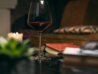 Glass of wine on table with candle and book.