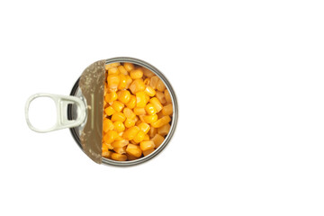 sweet canned corn in an iron jar isolated on white background top view copy space