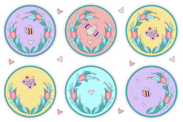 Decorative Set of cute insects. Butterfly, bee and bird on a round colored floral background with a bouquet of tulips and hearts. Vector illustration. For postcards, decor, printing, decoration