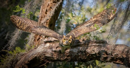 Fototapeta na wymiar great horned owl adult (bubo virginianus) flying towards camera from oak tree, yellow eyes fixed on camera, wings spread apart, bokeh background