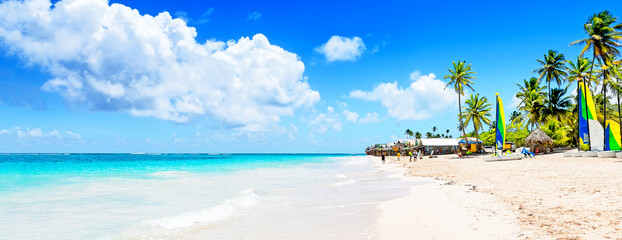 Panorama of coconut Palm trees on white sandy beach in Punta Cana, Dominican Republic. - obrazy, fototapety, plakaty