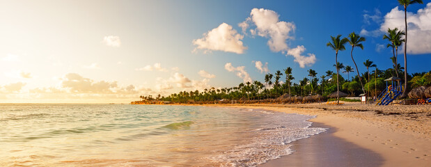 Panorama of coconut palm trees with colorful sunset on tropical beach.