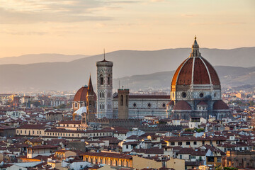 Panoramic view of Basilica di Santa Maria del Fiore in Florence on sunset time, Italy