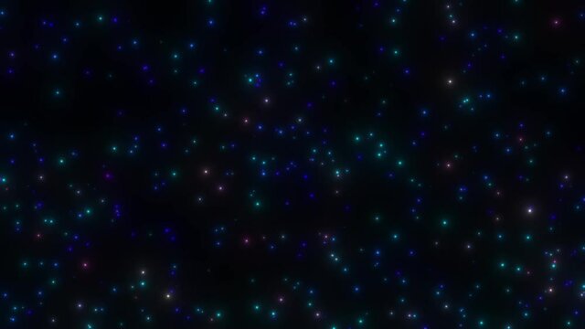 Numerous multicolored lights are streaming down from top to bottom on a black background. Magic starfall.