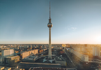 Aerial view of Berlin skyline with famous TV tower at Alexanderplatz in Mitte with pink sky at...