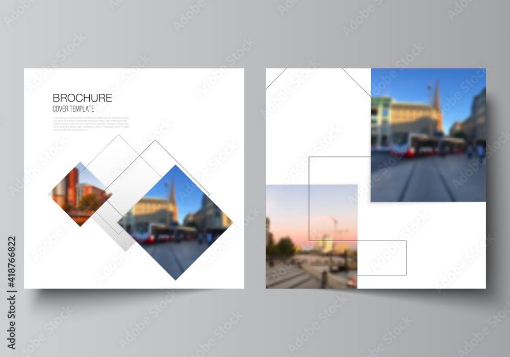 Poster vector layout of two square format covers design templates with geometric simple shapes, lines and p