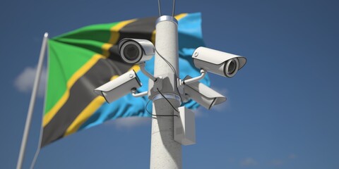 Naklejka na ściany i meble Security cameras near flag of Tanzania, 3d rendering