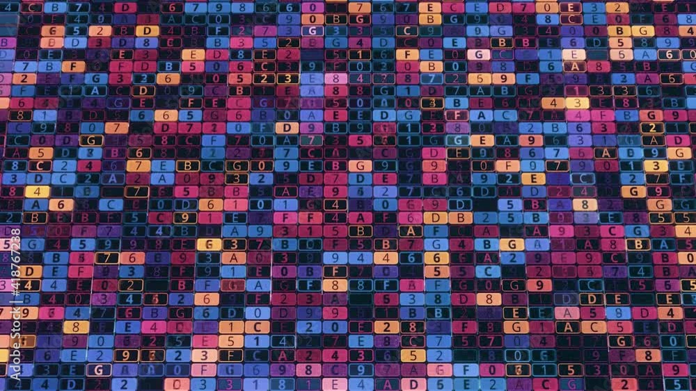 Poster colorful background of numeric cells. animation. computer background with digital cells changing val