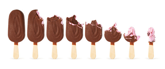 Brown bitten chocolate coated popsicle ice cream isolated on white.