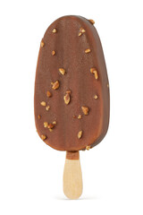 Popsicle ice cream with chocolate coating and nuts isolated.