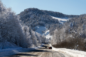 Winter road. Way to Lago Naki plateau in Adygea