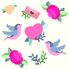 Old school tattoo vector seamless pattern with roses, hearts, birds. Valentine's Day or wedding design.