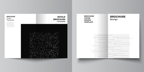 Vector layout of two A4 cover mockups templates for bifold brochure, flyer, cover design, book design. Abstract technology black color science background. Digital data. Minimalist high tech concept.