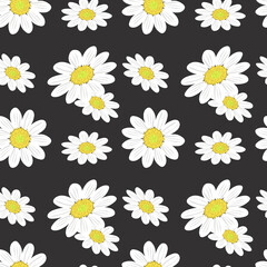 Seamless pattern with large floral daisies on a dark gray background. For printing on fabrics, textiles, paper, interior design. 