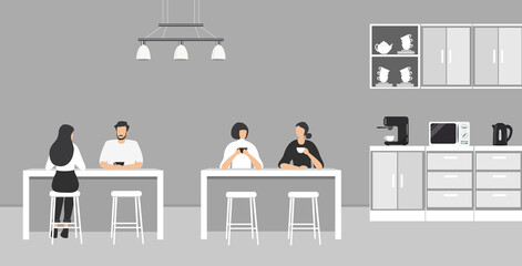 Office kitchen. Dining room in the office. Office workers are sitting at the table. Coffee break. There are kitchen cabinets, a microwave, a kettle and a coffee machine in the image. Vector