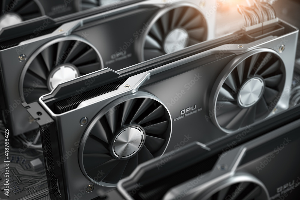 Poster Graphics cards GPU standing in a row in mining farm or 3d render farm. IT hardware.