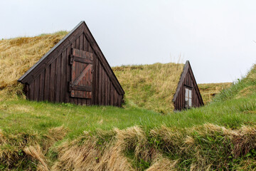 Obraz premium Turf houses built in traditional manner, Iceland