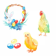 watercolor drawings - easter set: hen and chick with eggs wreath