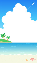 海と入道雲と椰子の木と飛行機雲のビーチベクターイラスト背景　風景