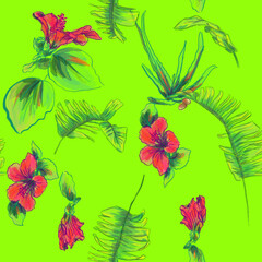 Fototapeta na wymiar Watercolor tropical seamless pattern with hibiscus flowers and banana palm leaves