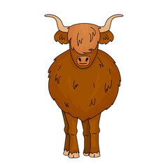 Cartoon vector outline doodle illustration of big Bull Scottish highland cow mother. Isolated Animal stands on the ground on white background. Front view with horns.