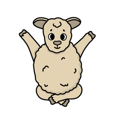 Vector happy farm isolated sheep sits on the floor, front legs raised up. Cute cartoon outline funny little lamb baby on white background. Animal sits in yoga health relax lotus pose.