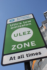 ULEZ stock footage London, UK - April 9 2019: ULEZ (Ultra low emission zone) London prepare Ultra Low Emission Zone (ULEZ) warning sign central London.